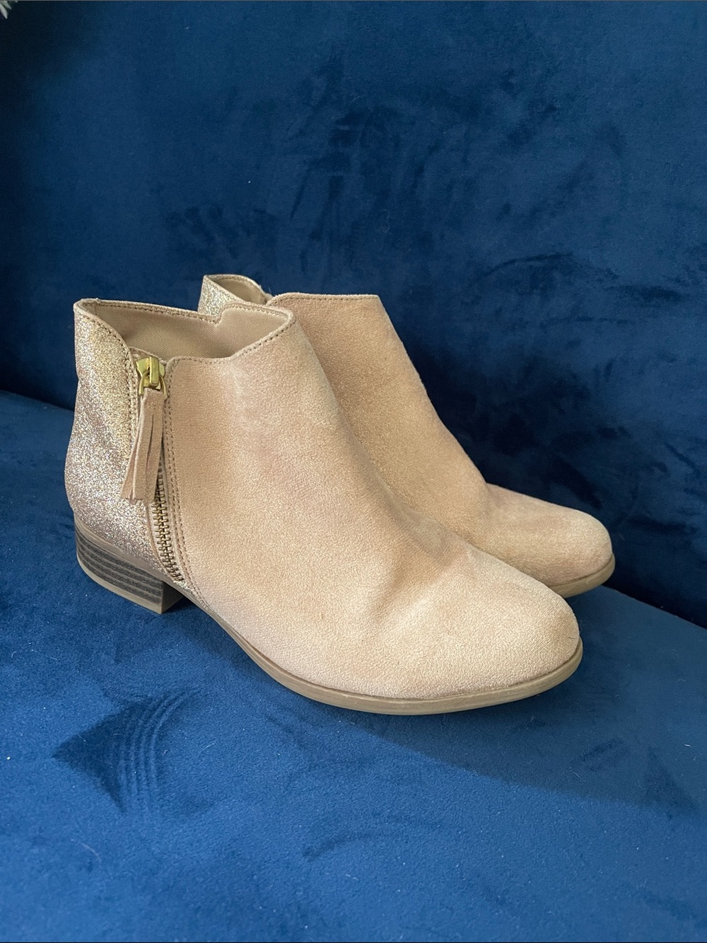 Girls Tan Suede and Gold Ankle Booties with Side Zipper